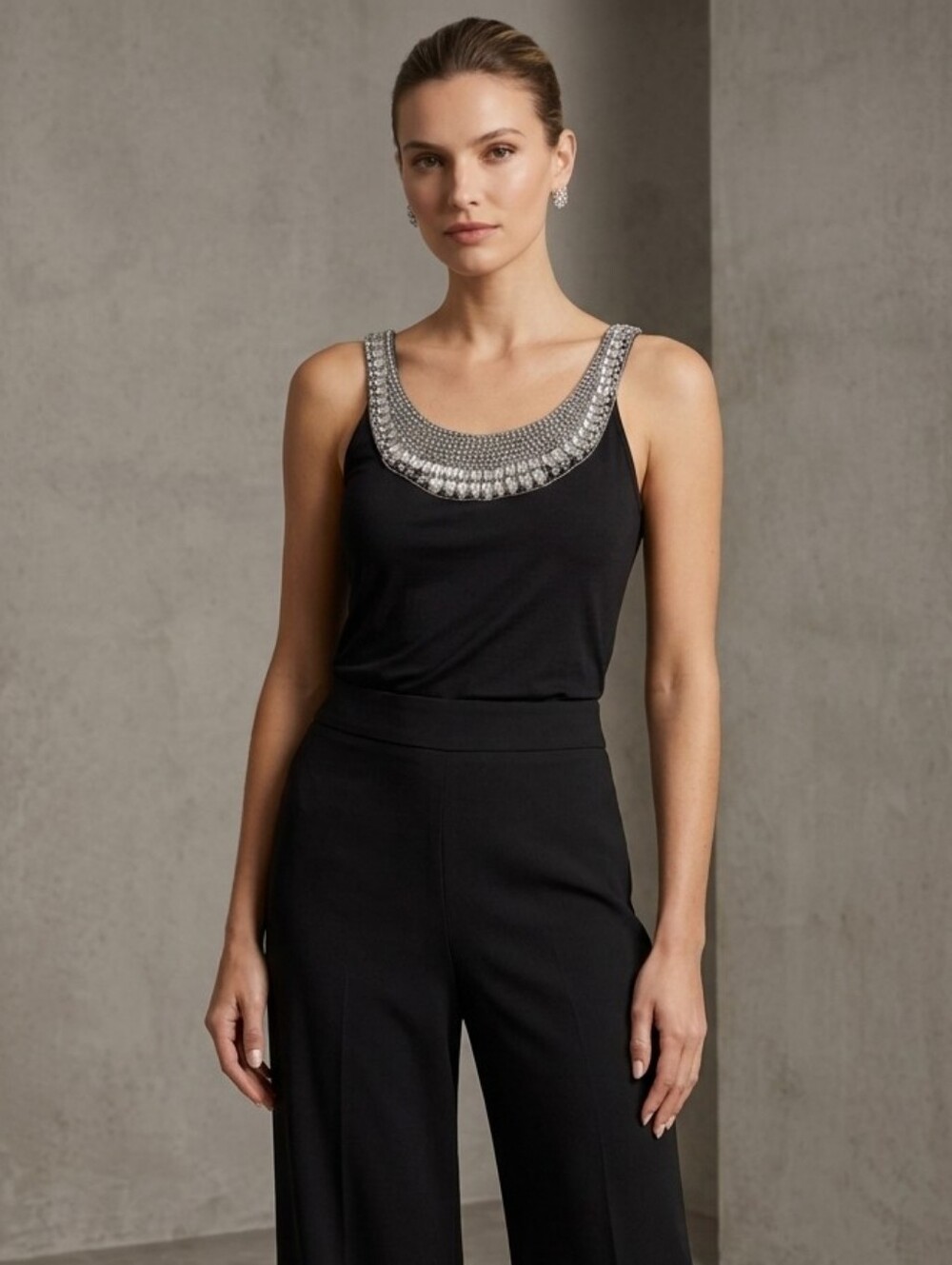 SO Black Wide-Leg Jumpsuit with Silver Beaded Neckline